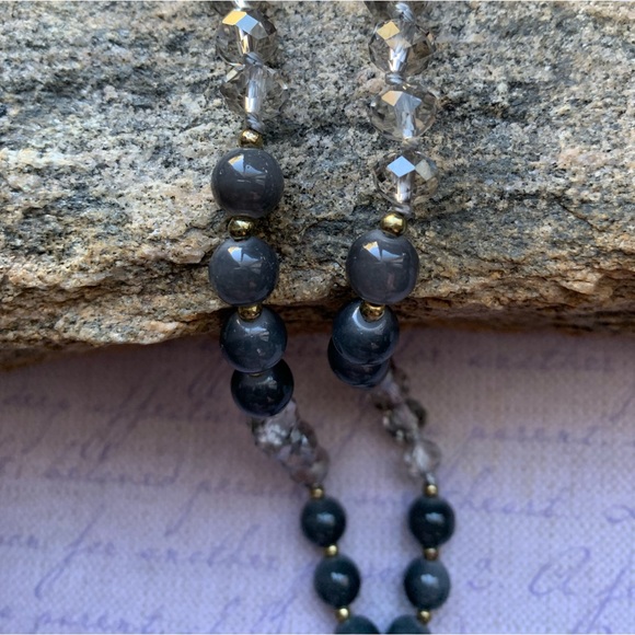 Gray Leather Boho Hippie Crystal & Stone Beaded Tassel Necklace Woman’s Jewelry - Picture 6 of 9